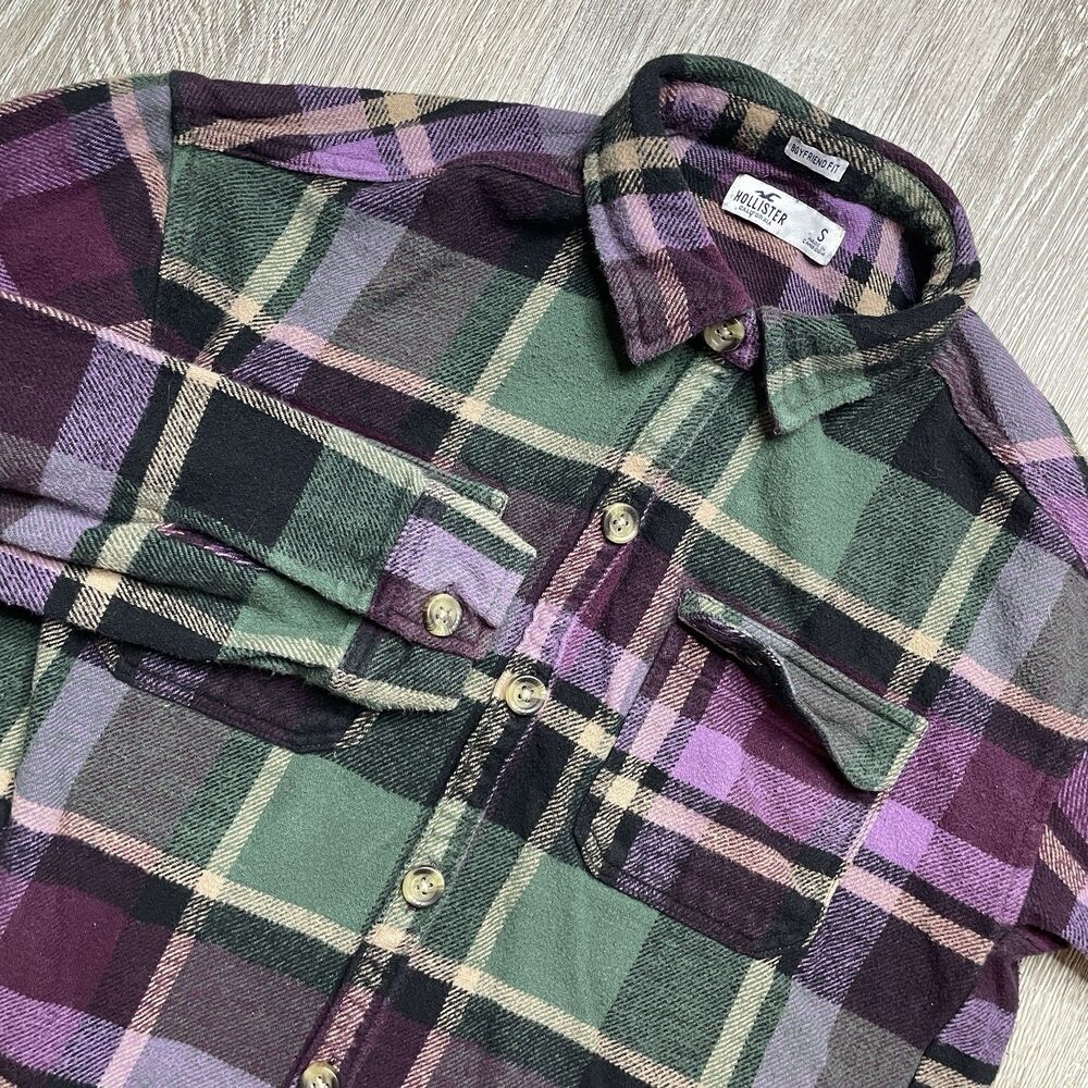 Hollister Women's Purple Plaid Boyfriend Fit Flannel Shacket Pockets S